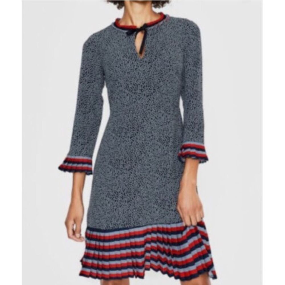 Boden Women's Lara Pleat Shift Blue White Polka Dots Split Neck Dress